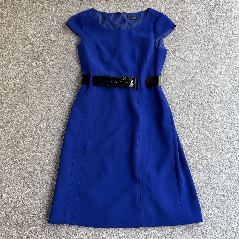 Tahari Arthur S. Levine Dress Womens 8 Blue Belted Cap Sleeve Sheath Knee Length
